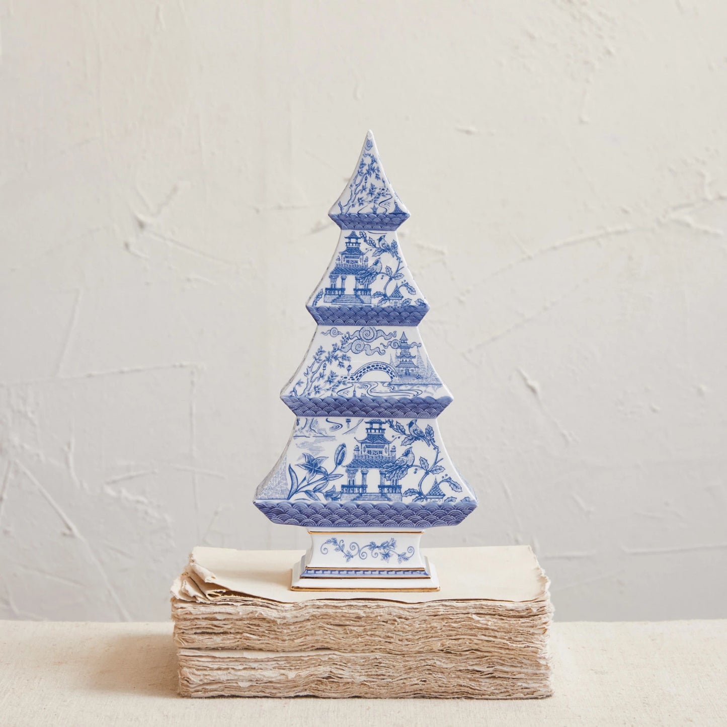 Ceramic Tree w/Pagoda Pattern & Gold Electroplating Blue and White