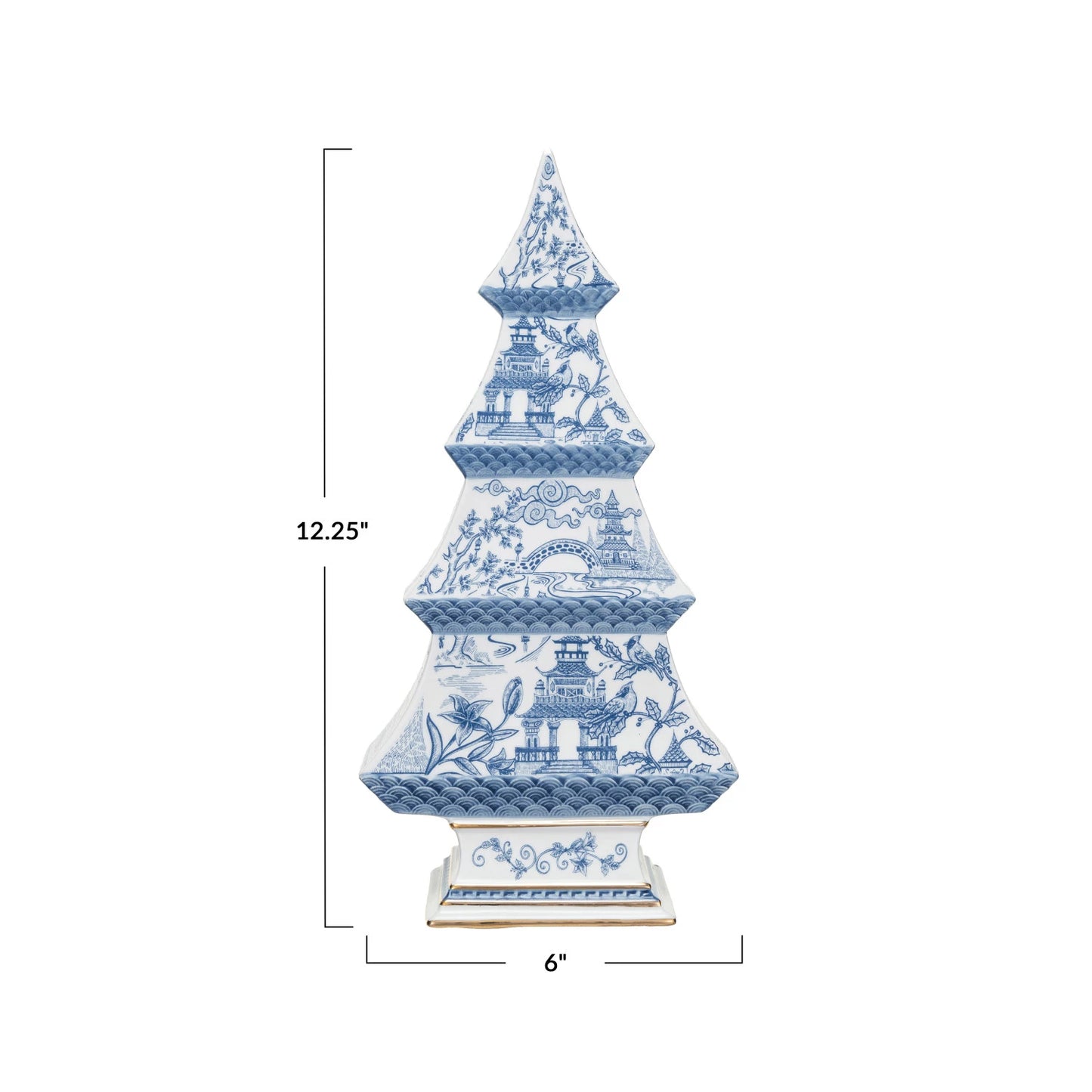 Ceramic Tree w/Pagoda Pattern & Gold Electroplating Blue and White