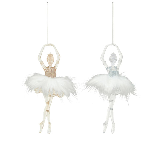 Acrylic Ballerina w/Glitter & Faux Fur Skirt Ornament (2 Colors)