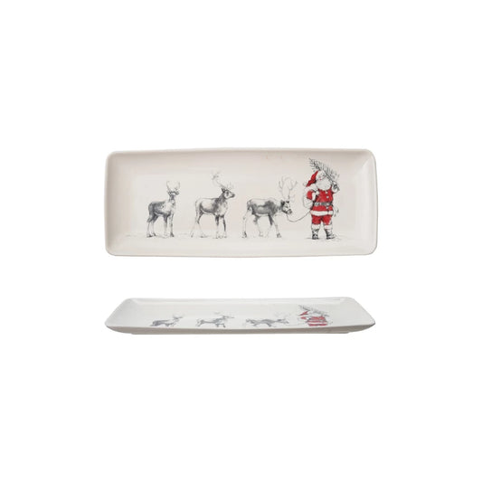 Stoneware Serving Platter w/Santa Leading Reindeer Image