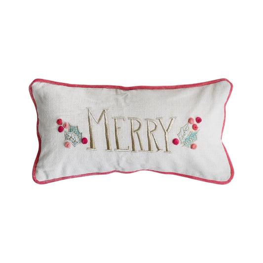 Lumbar Pillow w/Hand-Embroidery, Pom Poms, Piping & Velvet Back