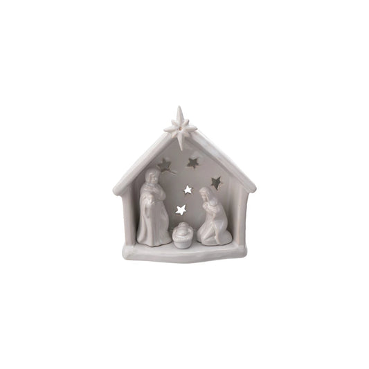 Stoneware Holy Family Tealight Holder with Star Cut-Outs, White