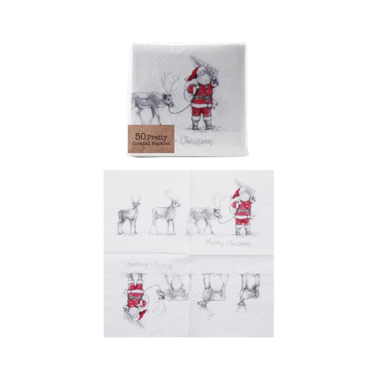 Paper Cocktail Napkins w/Santa Leading Reindeer Image
