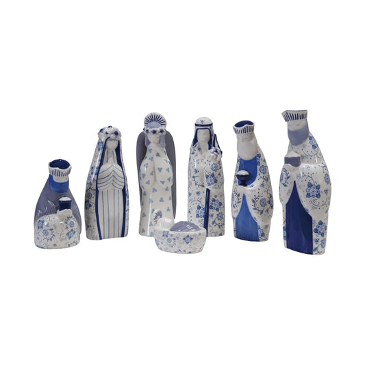 Ceramic Nativity with Floral Pattern, Blue & White, Set of 7