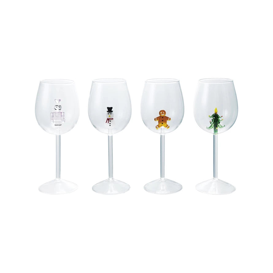 Stemmed Wine Glass w/Holiday Figure Inside (4 Styles)