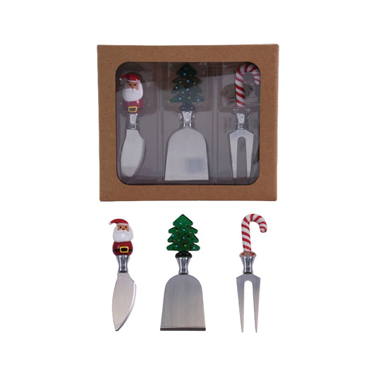 Cheese Knives w/Hand- Blown Glass Holiday Icon Handle -Boxed Set of 3
