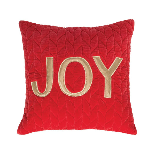 Square woven Cotton Velvet Quilted Pillow w/Appliqued "Joy"