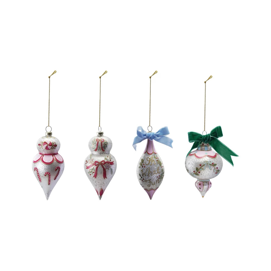 Hand-Painted Glass Ornament w/Design/Velvet Bow (4 Styles)
