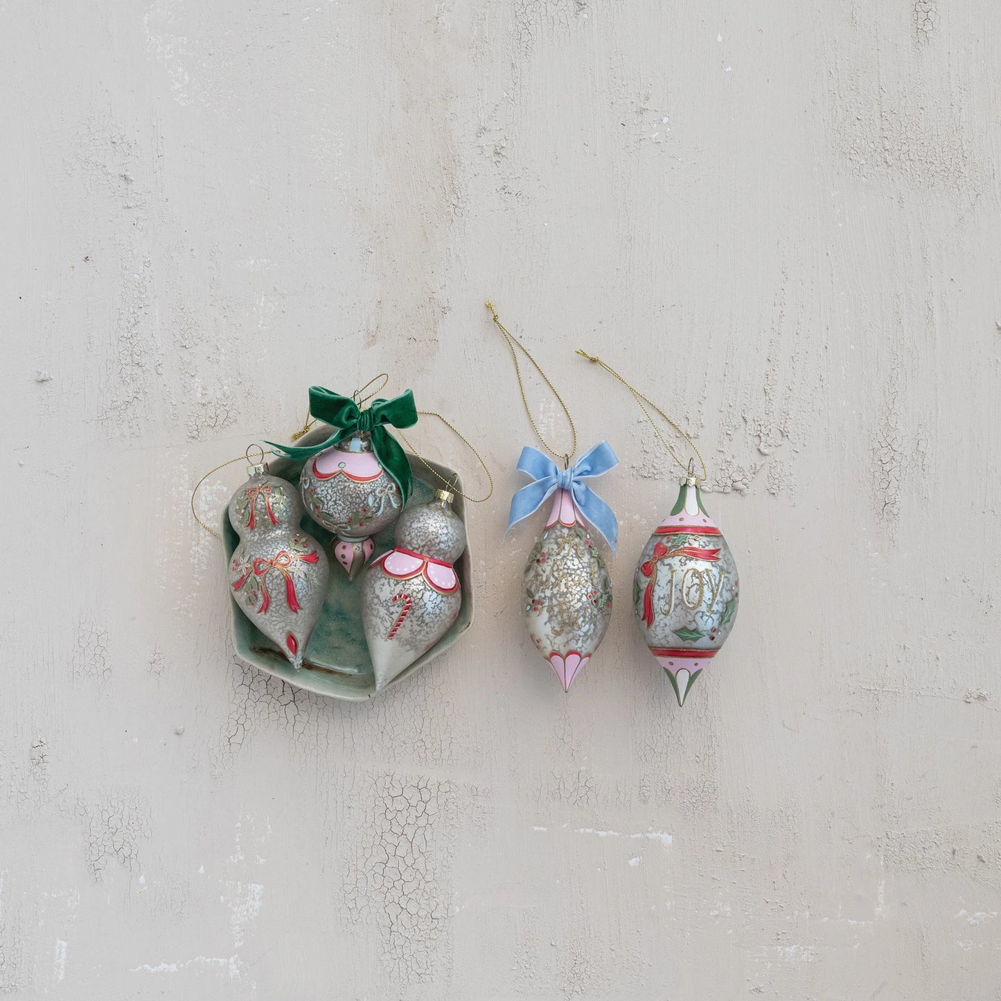 Hand-Painted Glass Ornament w/Design/Velvet Bow (4 Styles)