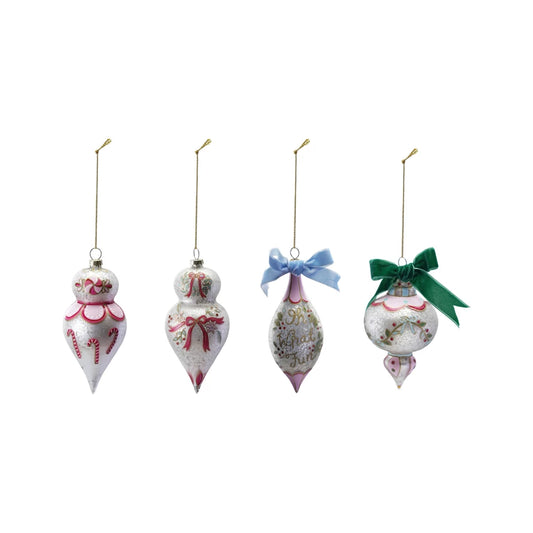 Hand-Painted Glass Ornament w/Design/Velvet Bow (4 Styles)