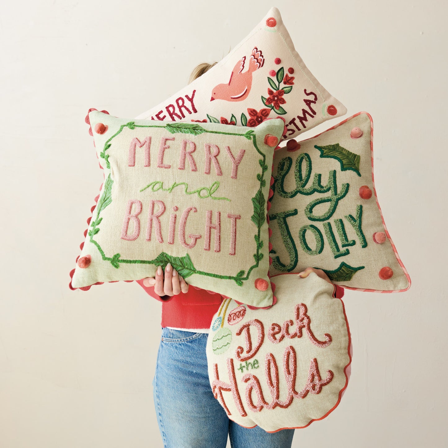 Round Linen Printed Pillow w/Beads, Piping & Cotton Back "Deck The Halls"