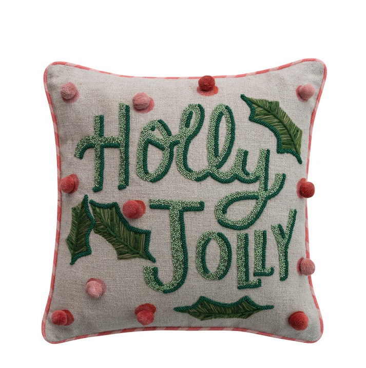 Square Linen Printed Pillow w/Saying, Embroidery & Ric Rac Trim (2 Styles)