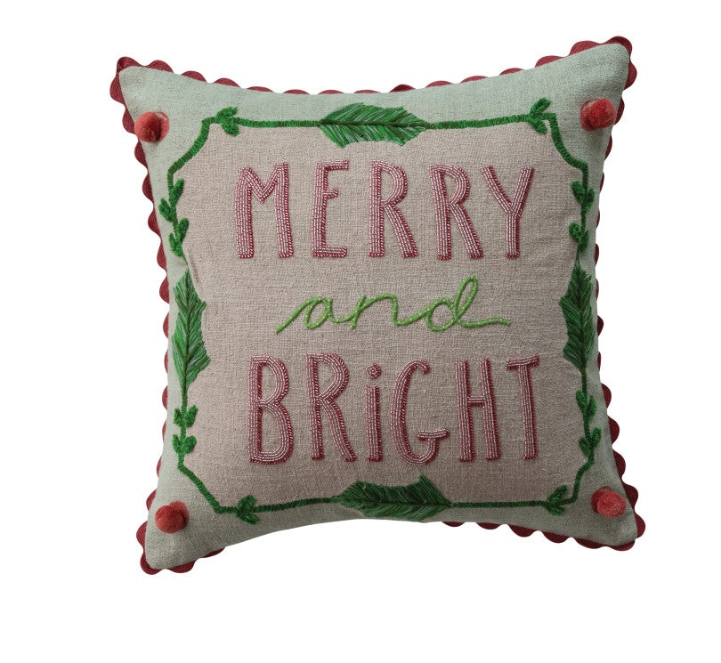 Square Linen Printed Pillow w/Saying, Embroidery & Ric Rac Trim (2 Styles)