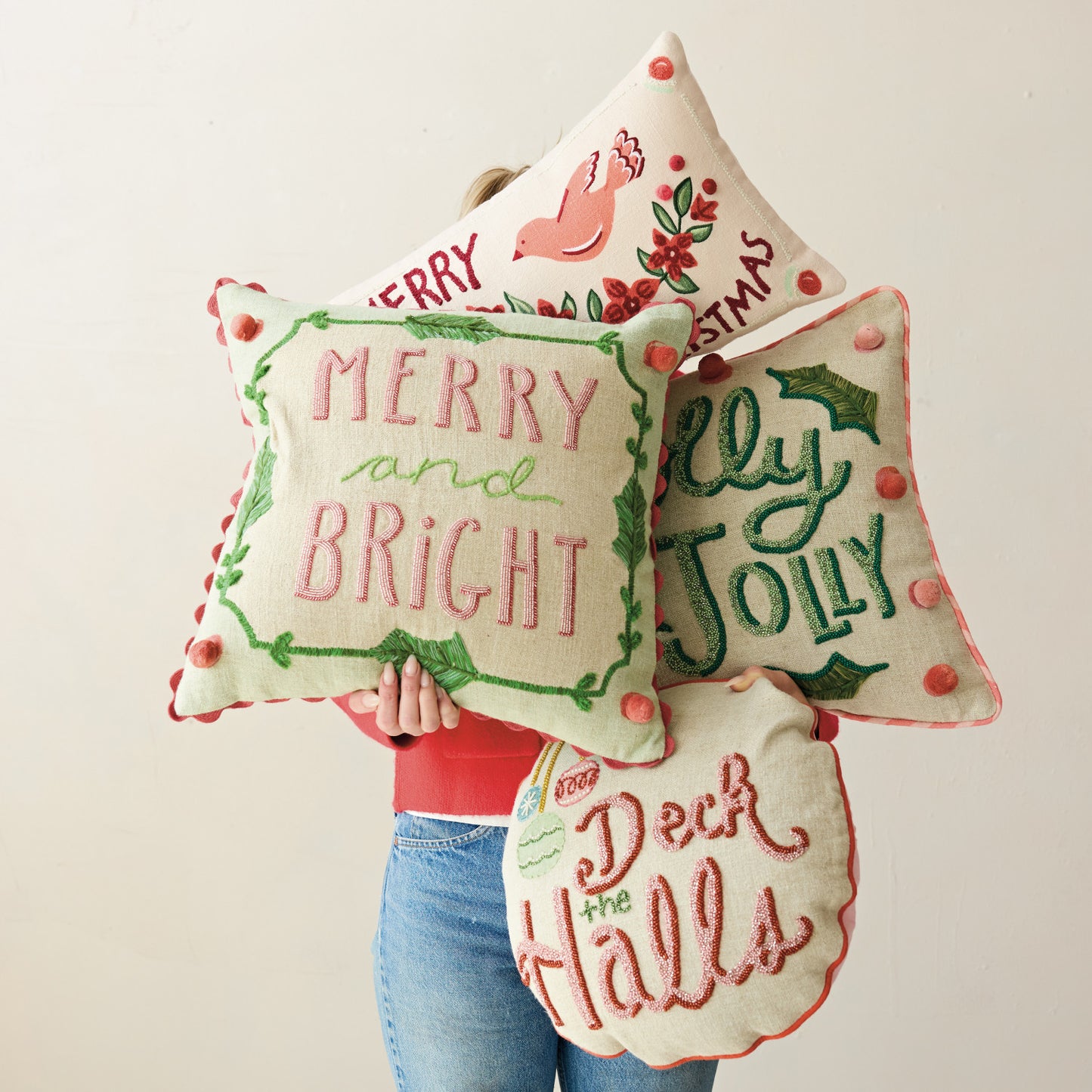 Square Linen Printed Pillow w/Saying, Embroidery & Ric Rac Trim (2 Styles)