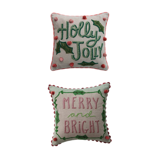 Square Linen Printed Pillow w/Saying, Embroidery & Ric Rac Trim (2 Styles)