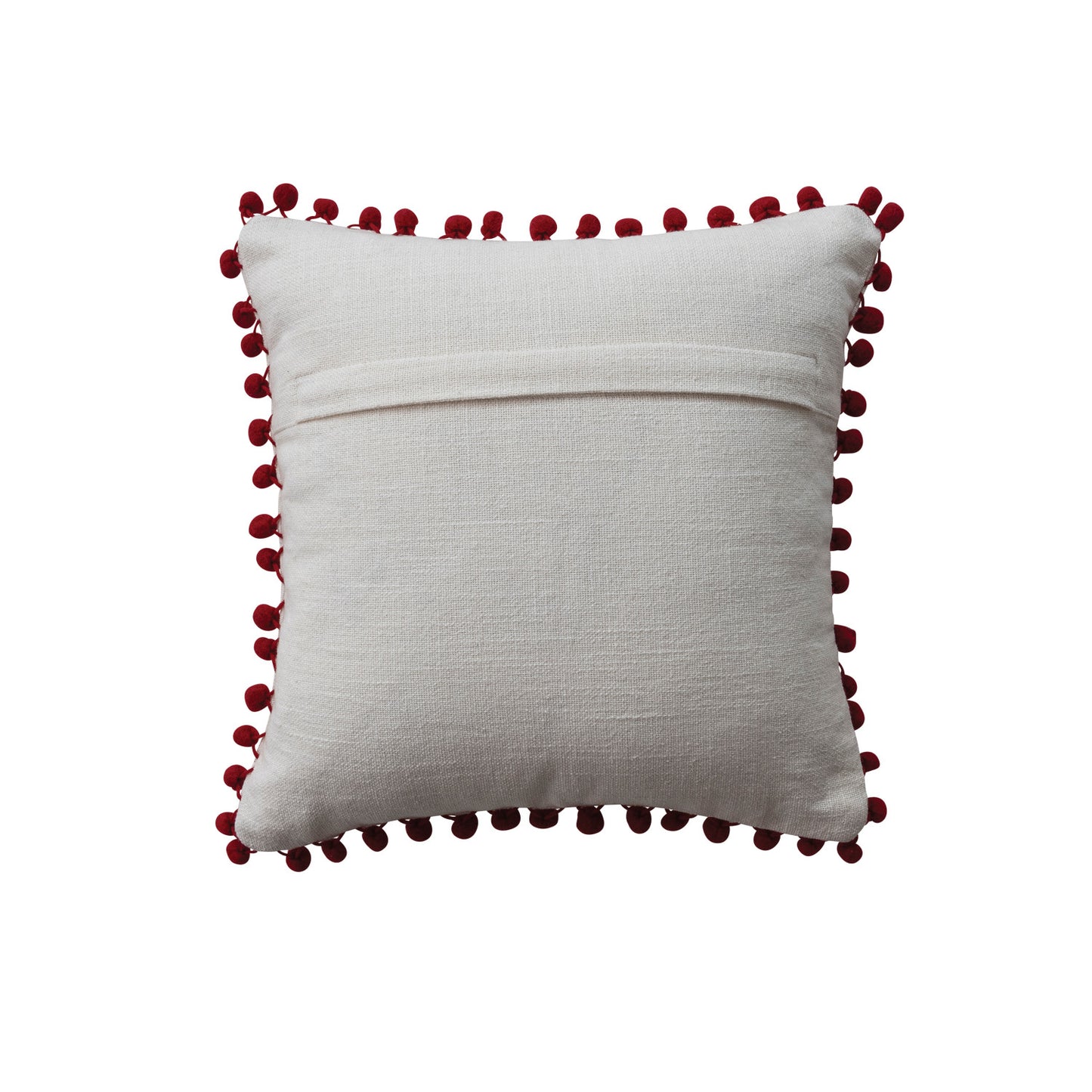 12" Square Cotton Slub Pillow with Pom Pom Trim & Tufted "Jolly", White & Red