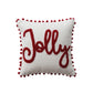 12" Square Cotton Slub Pillow with Pom Pom Trim & Tufted "Jolly", White & Red