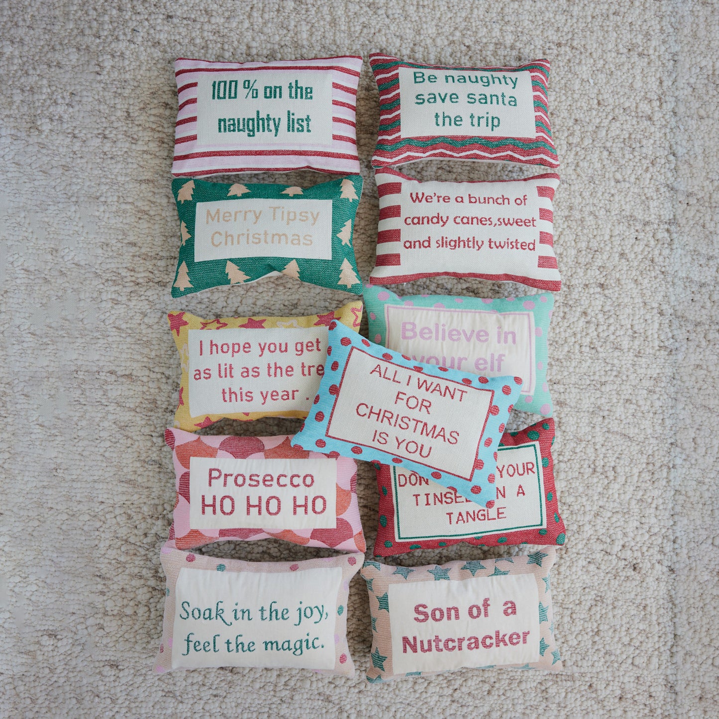 Cotton Embroidered Lumbar Pillow w/Polka Dot Pattern "Dont Get Your Tinsel..."