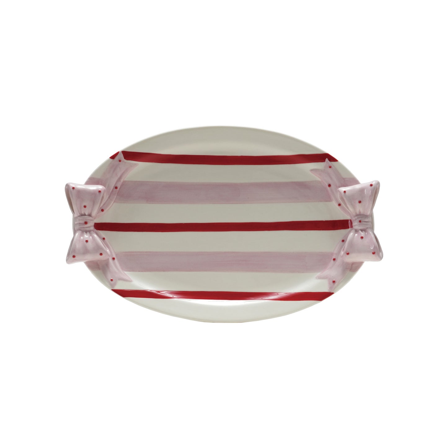 Hand-Painted Stoneware Striped Platter w/Polka Dot Bow Shaped Handles - White