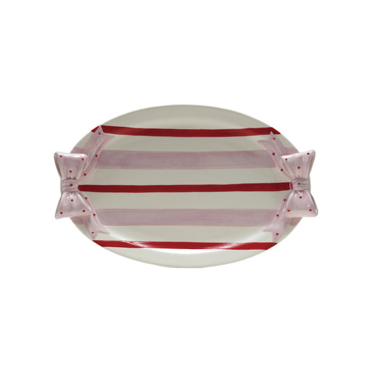 Hand-Painted Stoneware Striped Platter w/Polka Dot Bow Shaped Handles - White