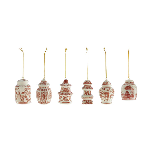 Hand-Painted Stoneware Ginger Jar Ornament - Burgundy & White (6 Styles)
