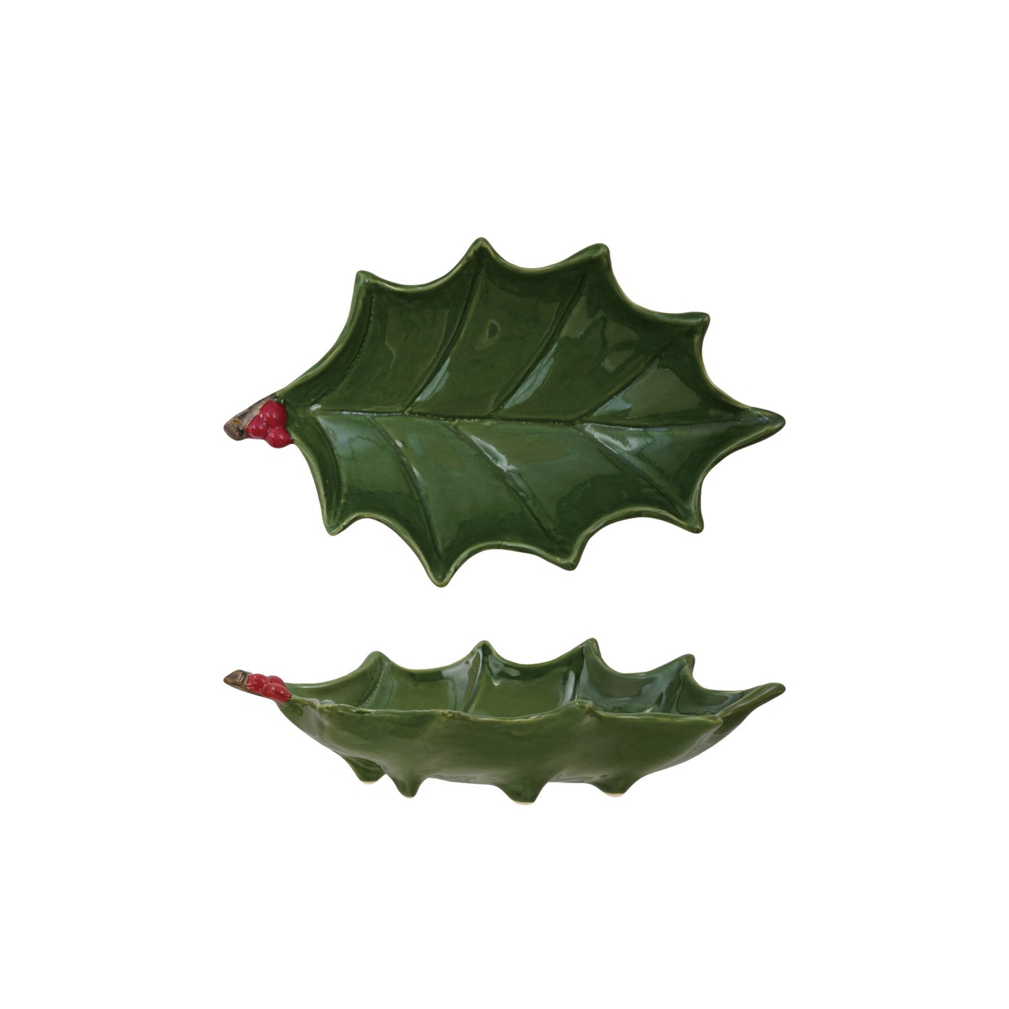 Hand-Painted Holly Leaf Shaped Footed Tray w/Berries, Green & Red