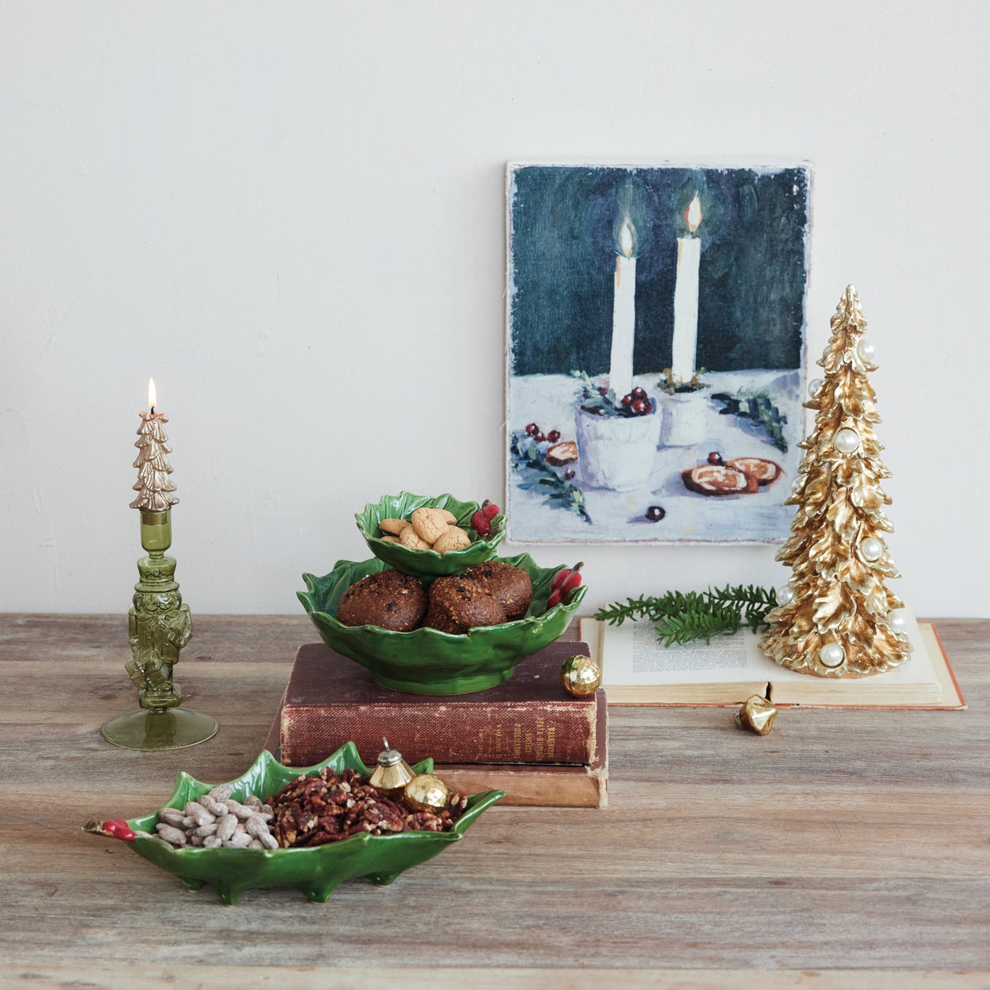 Hand-Painted Holly Leaf Shaped Footed Tray w/Berries, Green & Red