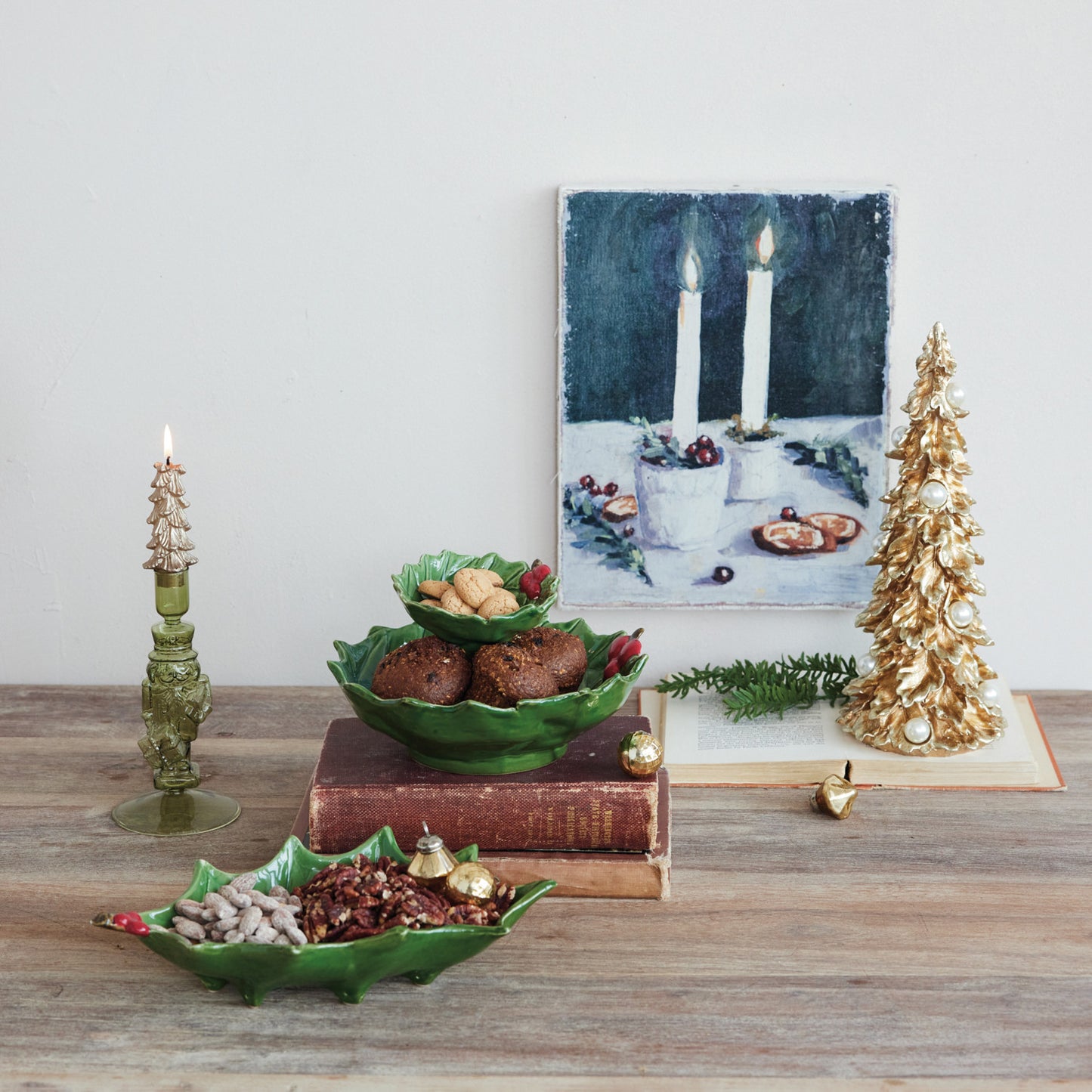 Hand-Painted Holly Leaves Shaped Bowl w/Berries, Green & Red