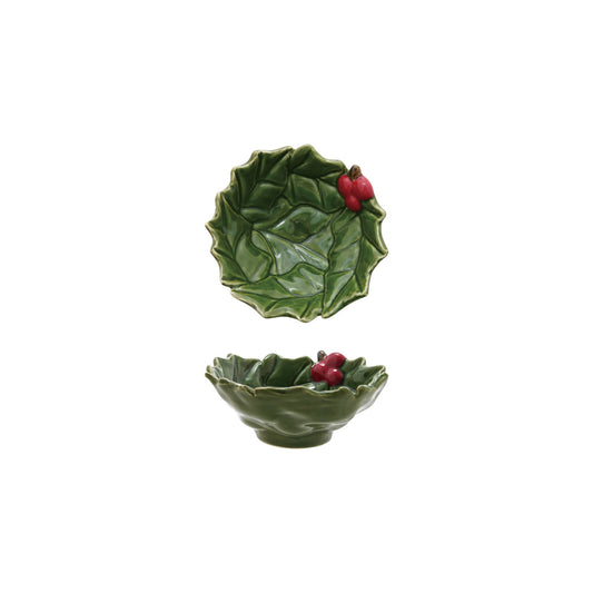 Hand-Painted Holly Leaves Shaped Bowl w/Berries, Green & Red