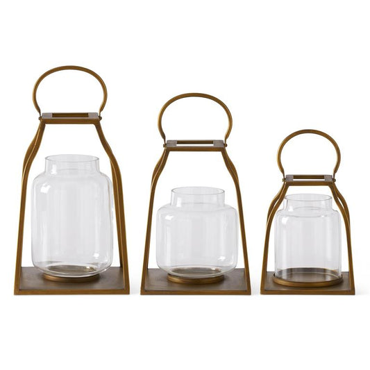 Gold Metal Trapezoid Lanterns w/Glass Hurricane (3 Sizes)