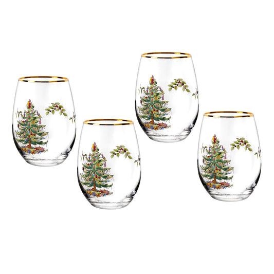 Spode Christmas Tree Stemless Wine Glass s/4