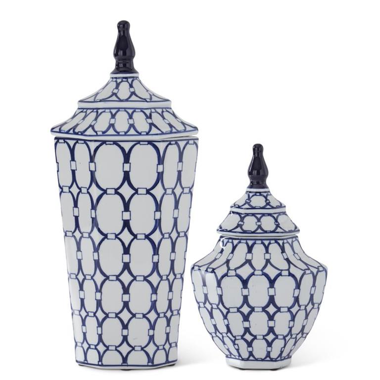 White & Blue Oval Porcelain Lidded Skinny Containers (2 Styles)