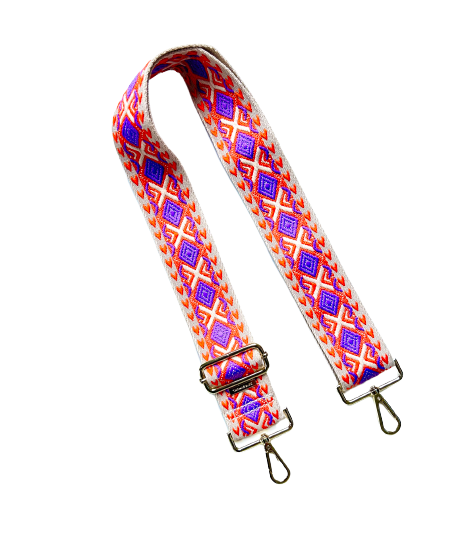 Premium Aztec Diamond Guitar Purse Strap - Purple Diamonds + Orange Hearts