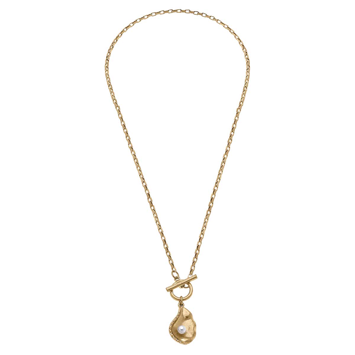 Oyster with Pearl T-Bar Charm Necklace in Worn Gold