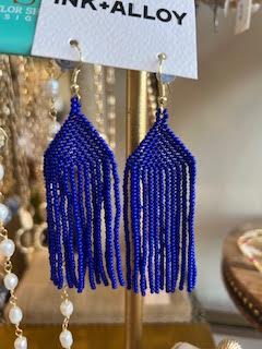 LAPIS SEED BEAD FRINGE EARRING 3.5"