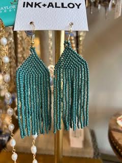 TEAL SEED BEAD FRINGE EARRING 3.5"