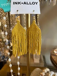 YELLOW SEED BEAD FRINGE EARRING 3.5"