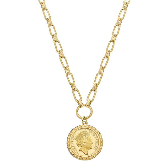 Queen Elizabeth Coin Necklace in Worn Gold