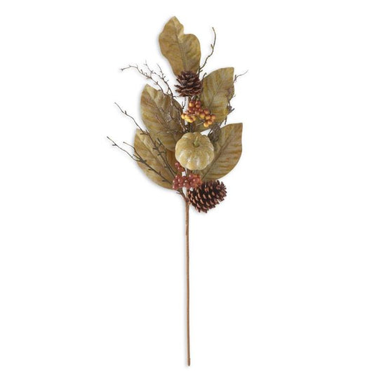 Sage Green Magnolia Leaves Stem w/Pumpkins 27 inch