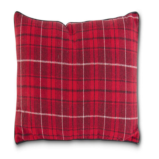 Red Black & White Plaid Square Pillow w/Leather Piping 17"