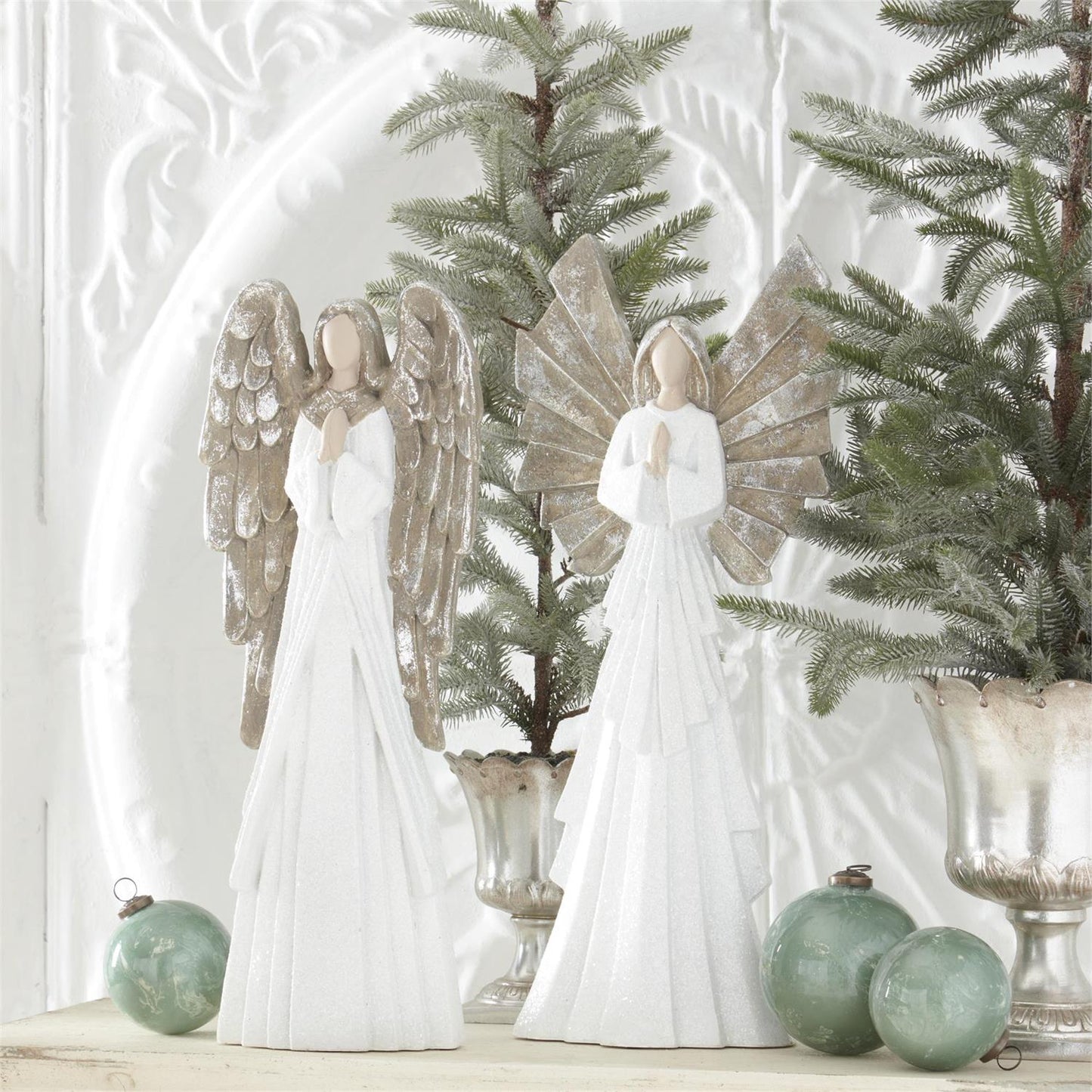 White Glittered Praying Angels (Set of 2)