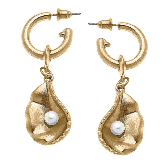 Oyster with Pearl Drop Hoop Earrings in Worn Gold