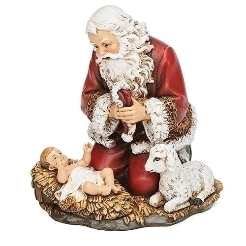 Kneeling Santa Holding Hat w/Baby & Lamb Figure 5"