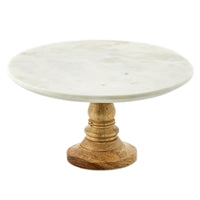 Lg. White Marble Cake Plate W/Mango Wood stand-White/Brown