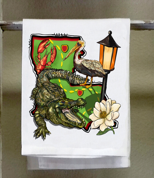 Cajun Louisiana Alligator Pelican Magnolia Dishtowel