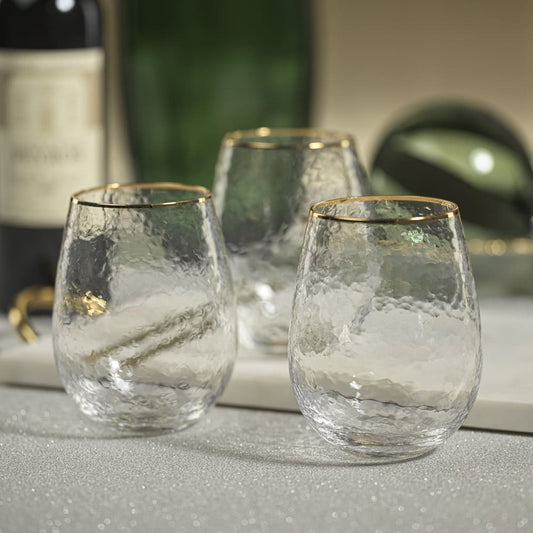 Negroni Hammered Stemless All Purpose Glass - Clear w/Gold Rim