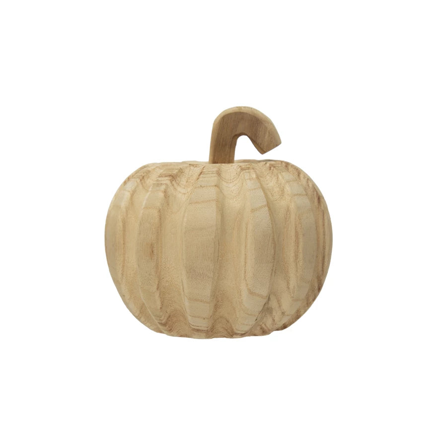 Hand-Carved Paulownia Wood Pumpkin 7" Round x 5-1/2"H