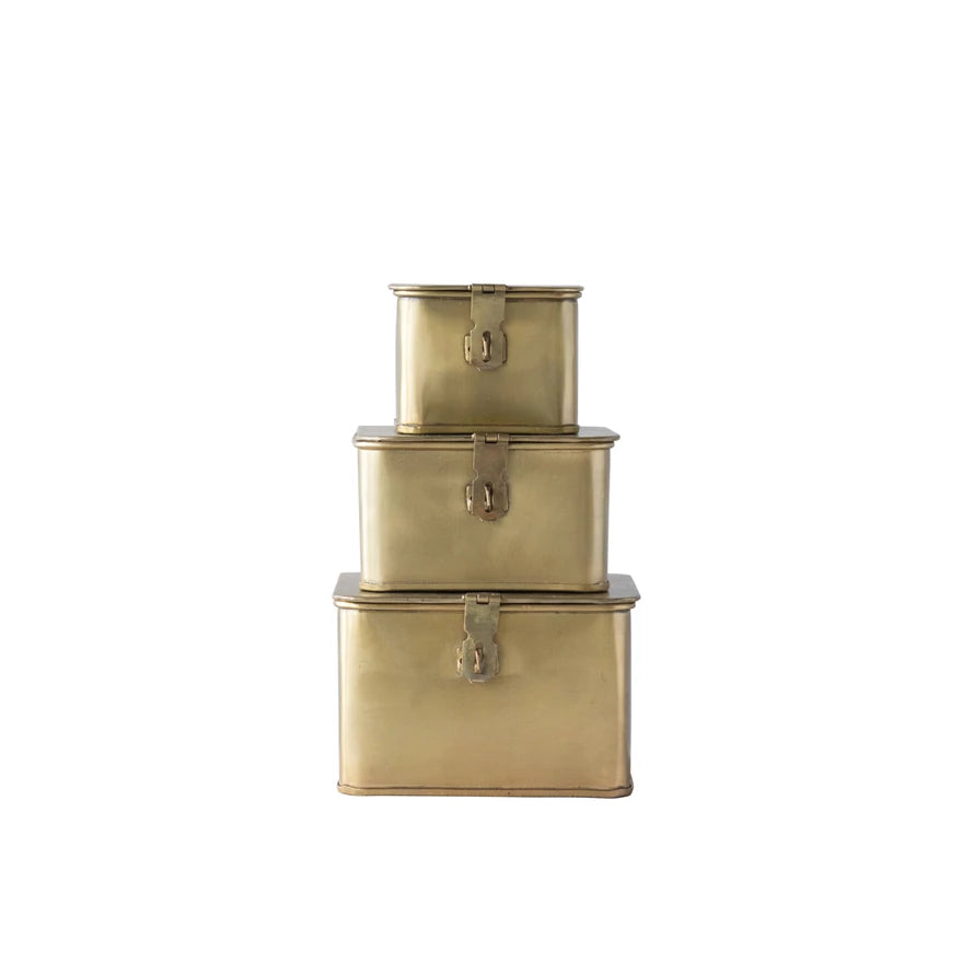 Square Decorative Metal Boxes, Brass Finish - s/3