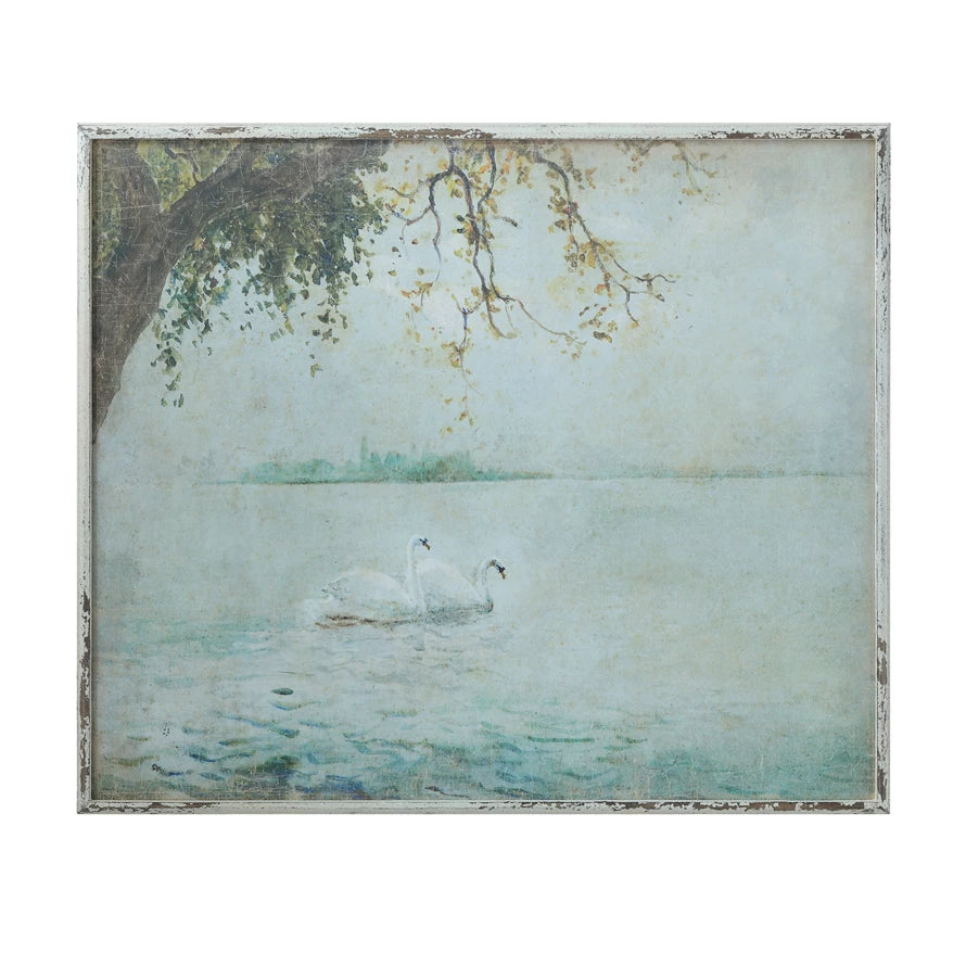 Wood Framed Wall Decor w/ Vintage Reproduction Swans