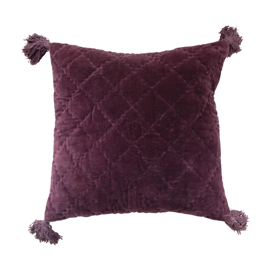 Quilted Cotton Velvet Pillow w/ Tassels, Plum